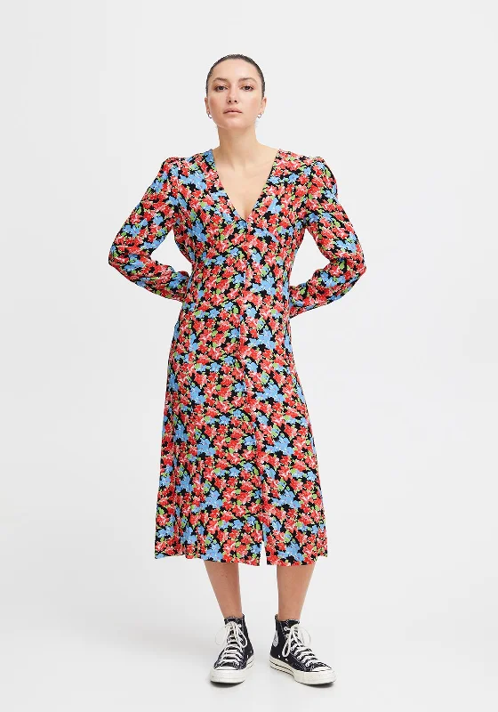 Ichi Rosalie Puff Sleeve Floral Print Midi Dress, Multi Flower