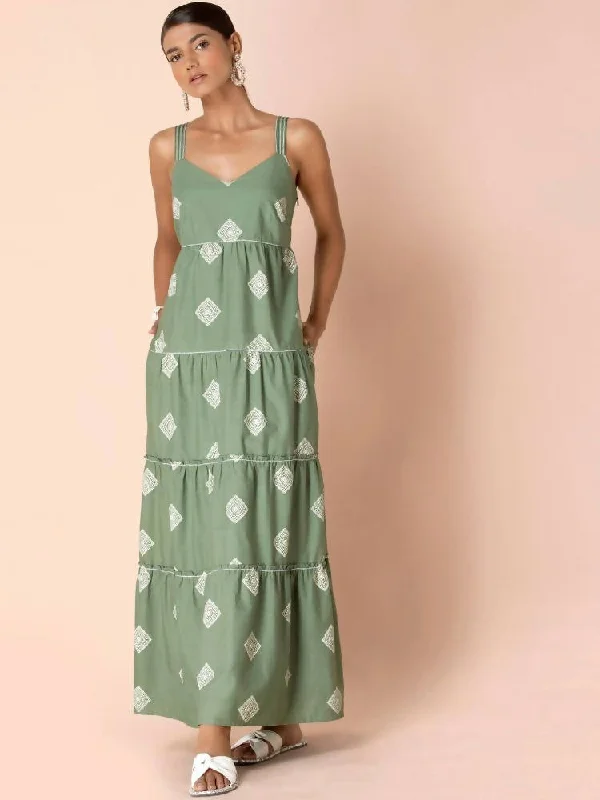 Flash Discounts Indya Green Tribal Tiered Maxi Dress