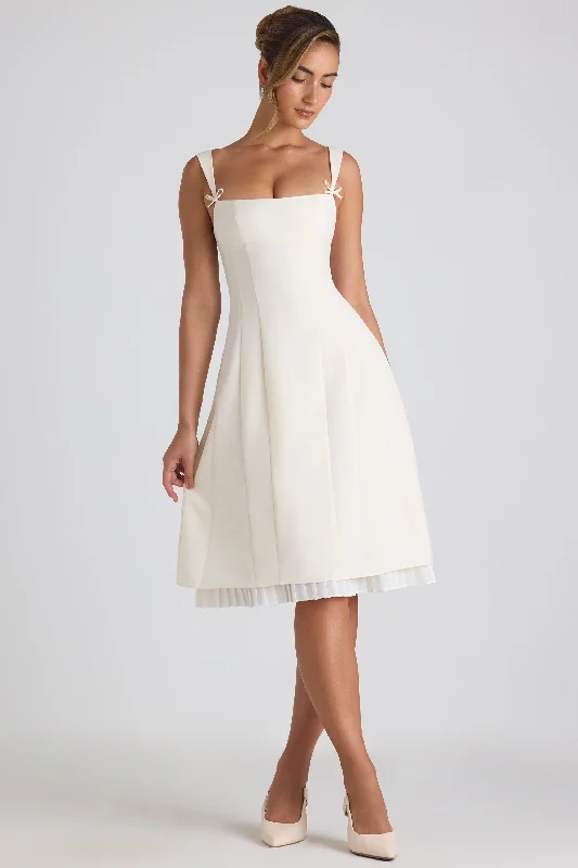Exclusive Flash Sale Bow-Detail Pleated A-Line Midi Dress in Ivory