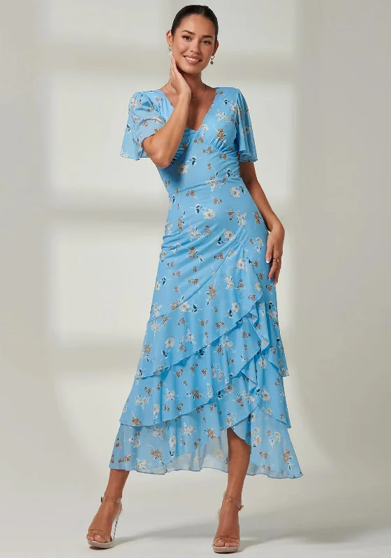 Jolie Moi Daleysa Frill Hem Mesh Maxi Dress, Blue Floral