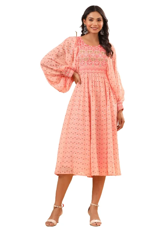 Weekend Sale Frenzy Juniper Women's Peach Ethnic Motif Printed Georgette Midi Dress With Sequins Work