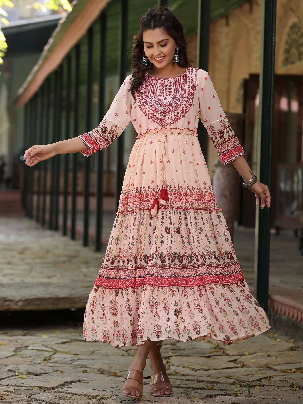 Weekend Steals Await Juniper Women's Peach Georgette Floral Embroderied Maxi Dress