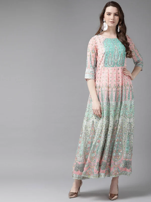 Grab Your Deal Juniper Womens Peach Georgette Foil Print Maxi Dress
