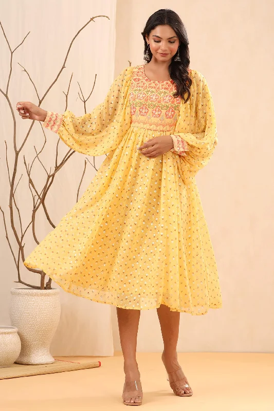 Weekend Wonders Juniper Women's Yellow Ethnic Motif Printed Georgette Midi Dress With Sequins Work