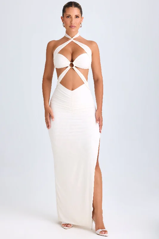 Weekend Deals Galore Cut-Out Ruched Halterneck Maxi Dress in White