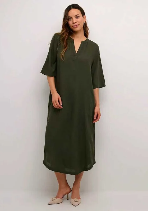 Kaffe Milia Kaftan Linen Blend Midi Dress, Forest Night