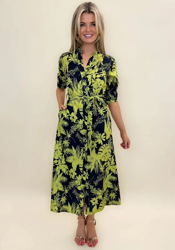 Kate & Pippa Capri Leaf Print Midi Dress, Flower Navy & Lime