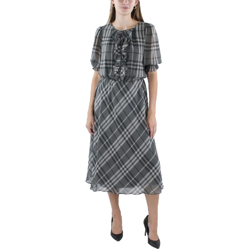 Lauren Ralph Lauren Womens Tie Neck Plaid Midi Dress