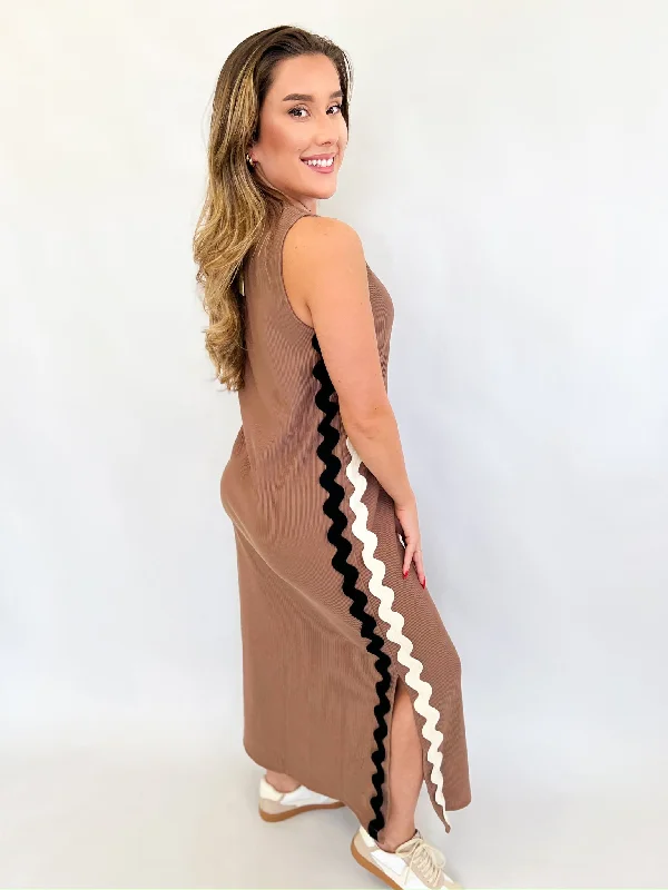 Weekend Discount Blast Mocha Midi Trim Dress