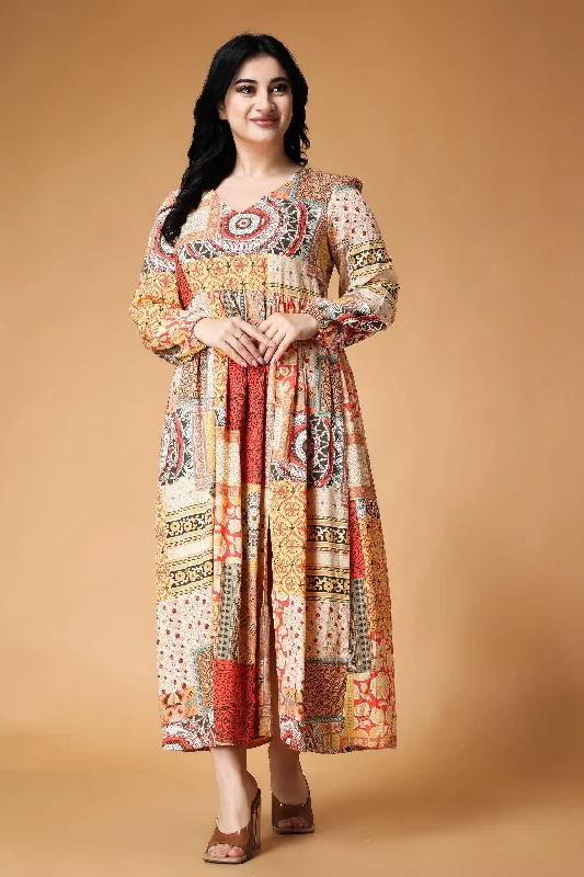 Multicolored Patch Printed Maxi Dress