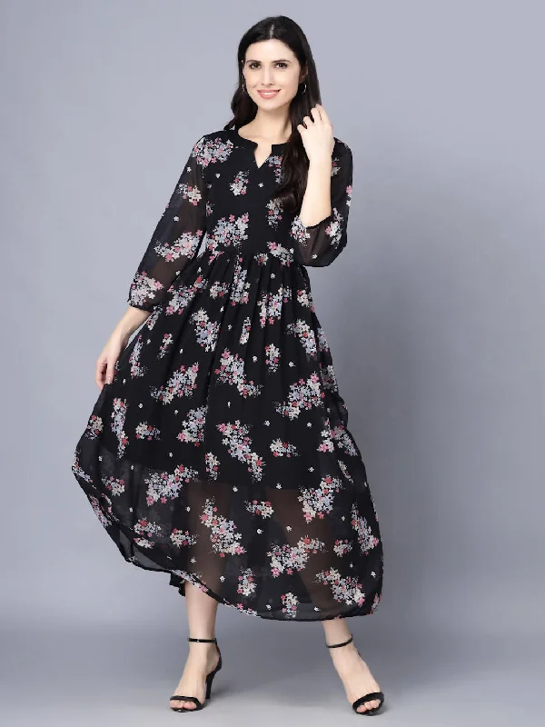 Savings Galore Myshka Black Floral Keyhole Neck Georgette Maxi Dress