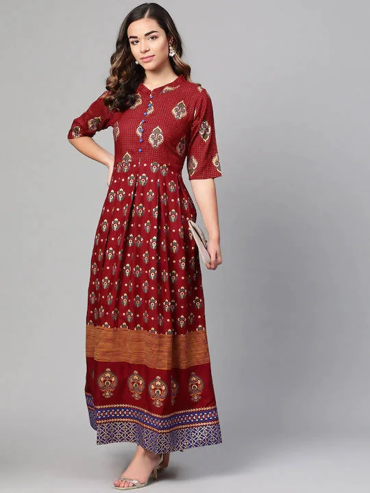 Season-End Deals Myshka Maroon & Golden Ethnic Motifs Printed Cotton Maxi Dress