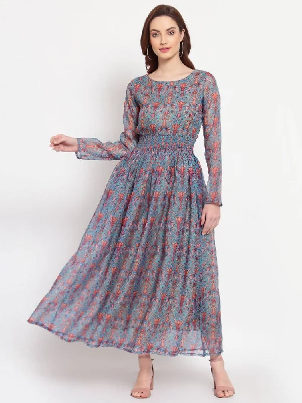 Best Deal of the Day Myshka Women's Multi Printed Organza Full Sleeve Round Neck Casual Maxi Dress