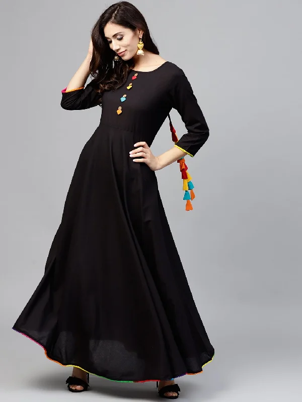 Weekend Sale Frenzy NOZ2TOZ Black Maxi Dress With With Round Neck And 3/4 Sleeves