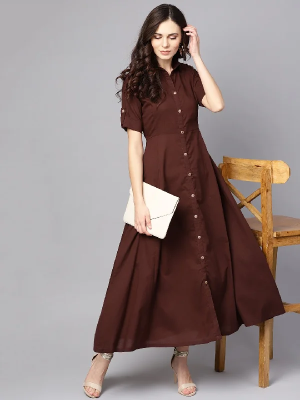 Weekend Bonanza NOZ2TOZ Solid Chocolate Brown Maxi Dress With Shirt Collar & 3/4 Sleeves Weekend Bonanza NOZ2TOZ Solid Chocolate Brown Maxi Dress With Shirt Collar & 3/4 Sleeves