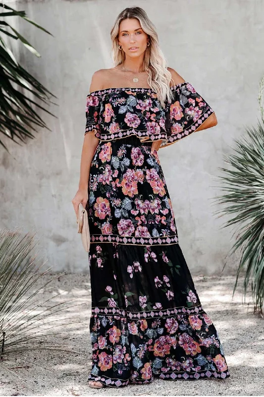 Super Price Slash Off Shoulder Floral Print Tiered Maxi Dress