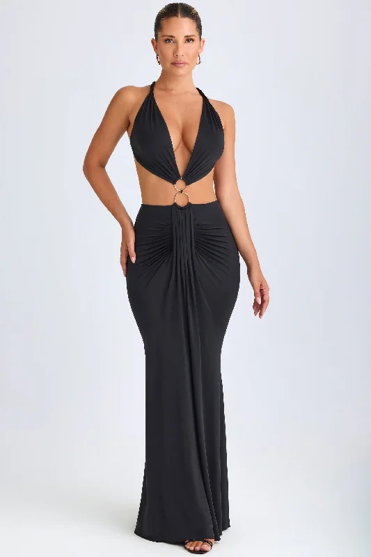 Weekend Shopping Deals Hardware Detail Cut-Out Halterneck Maxi Dress in Black
