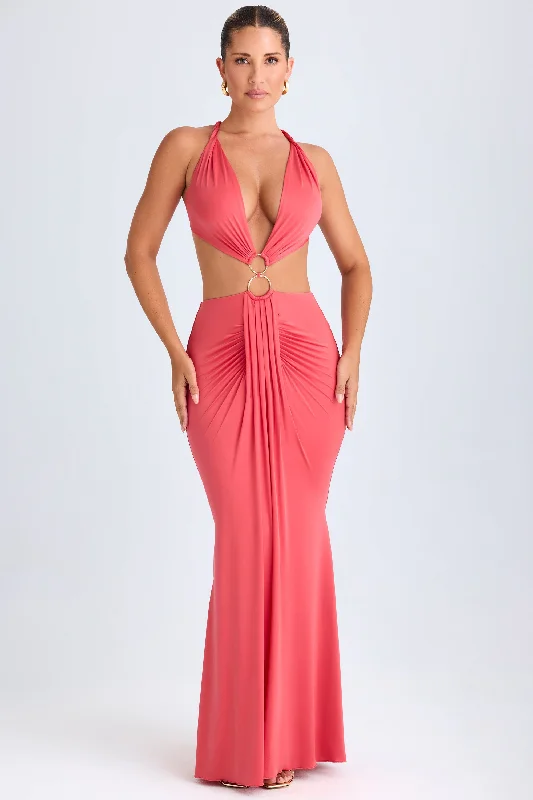 Weekend Mega Sale Event Hardware Detail Cut-Out Halterneck Maxi Dress in Coral