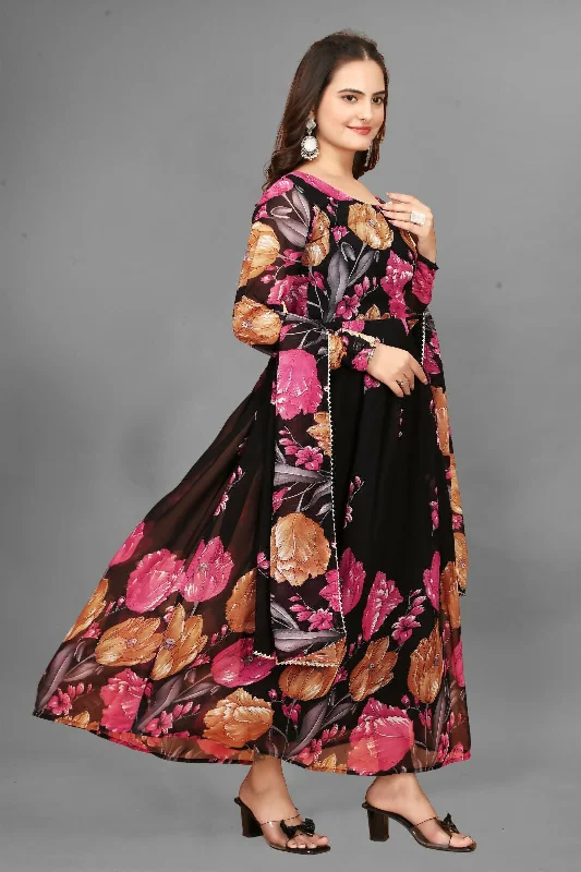 Weekend Exclusive Bargains Preksha Creation Fox Georgette Floral Print Maxi Dress With Dupatta - Black Weekend Exclusive Bargains Preksha Creation Fox Georgette Floral Print Maxi Dress With Dupatta - Black