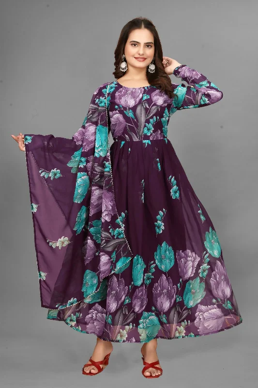 Weekend Shopping Extravaganza Preksha Creation Fox Georgette Floral Print Maxi Dress With Dupatta - Dark Purple