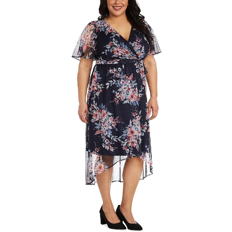 R&M Richards Womens Plus Floral Faux Wrap Midi Dress