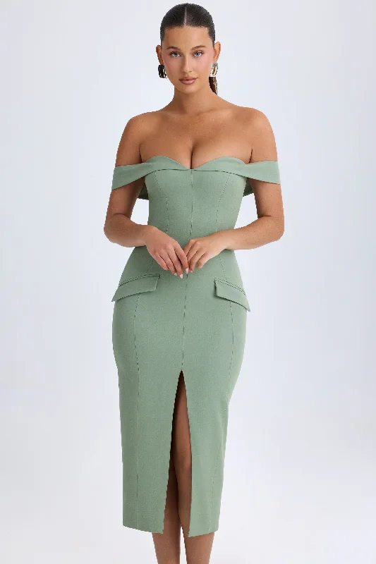 Exclusive Deals Off-Shoulder Midaxi Dress in Khaki Green