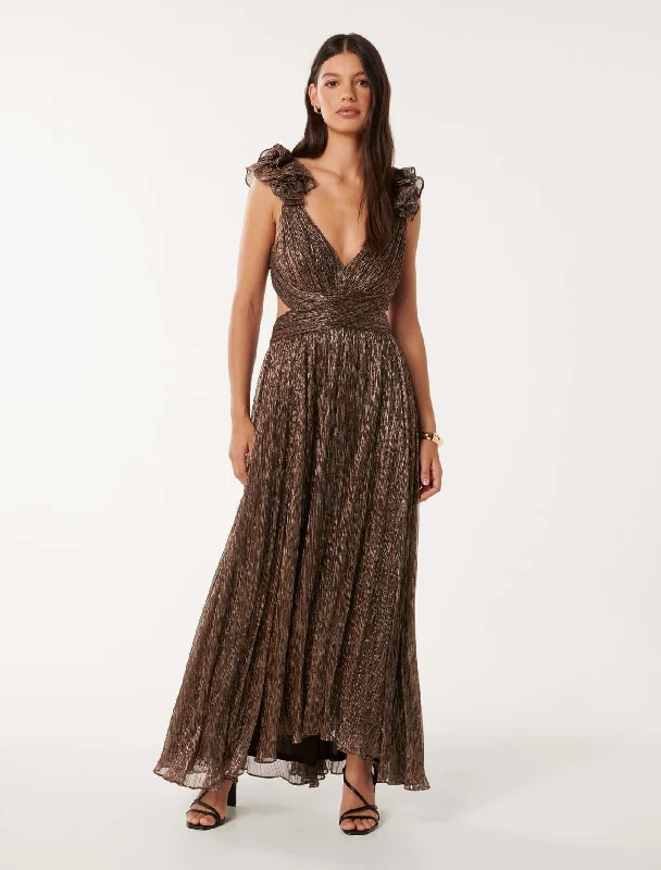 Weekend Markdowns Galore Selena Plisse Ruffle Shoulder Maxi Dress
