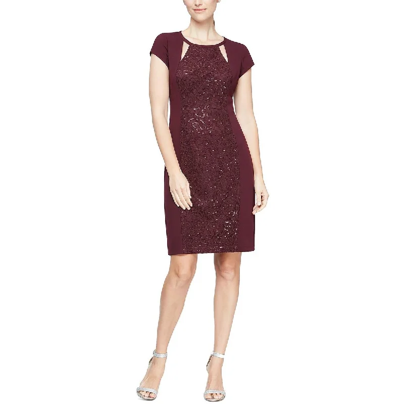 Weekend Promo Offers SLNY Womens Sequined Lace Inset Cocktail and Party Dress