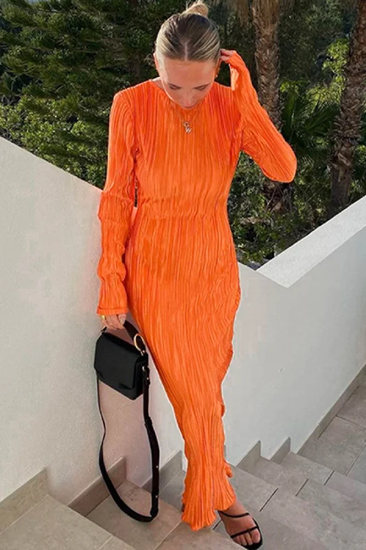 Shop & Get More Solid Color Crew Neck Pleated Maxi Dress