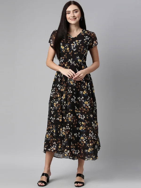 Weekend Discount Fest Souchii Black Floral Chiffon Maxi Dress