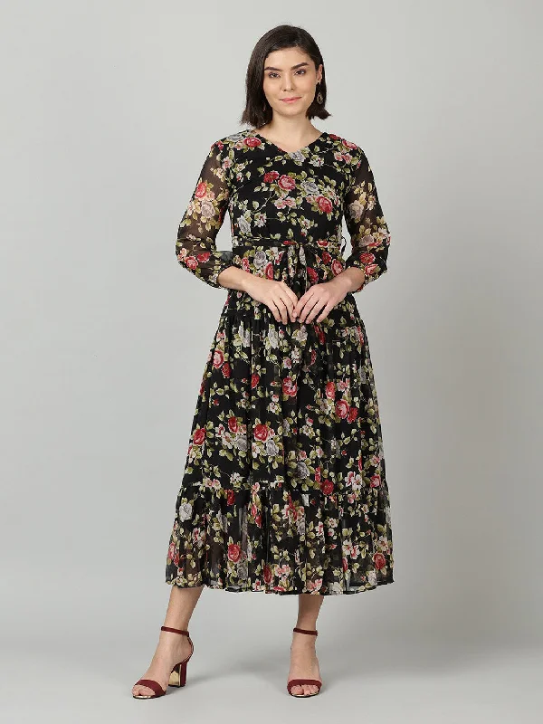 Souchii Black & Pink Floral Chiffon Midi Dress