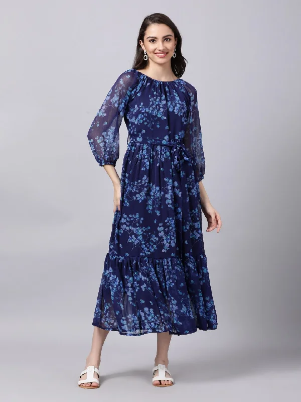 Souchii Navy Blue Floral Layered Chiffon A-Line Midi Dress