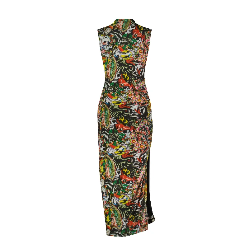 Weekend Specials Galore Tattoo Collage Print Mesh Maxi Dress