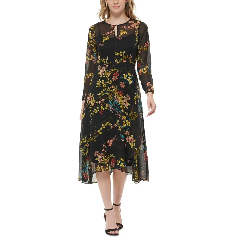 Tommy Hilfiger Womens Petites Zelda Floral Calf Midi Dress