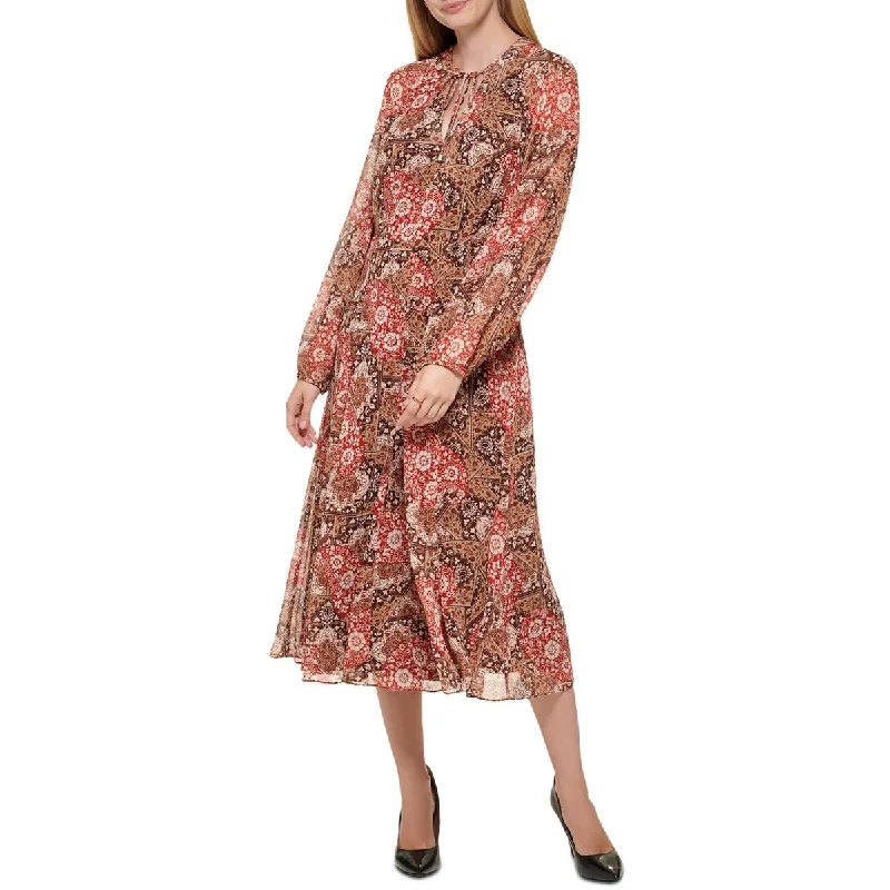 Weekend Price Drop Frenzy Tommy Hilfiger Womens Tapestry Tie Neck Printed Midi Dress