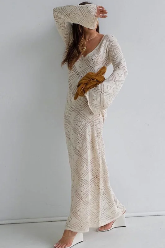 Weekend Only Sale V Neck Crochet Checkered Hollow Out Midi Dress