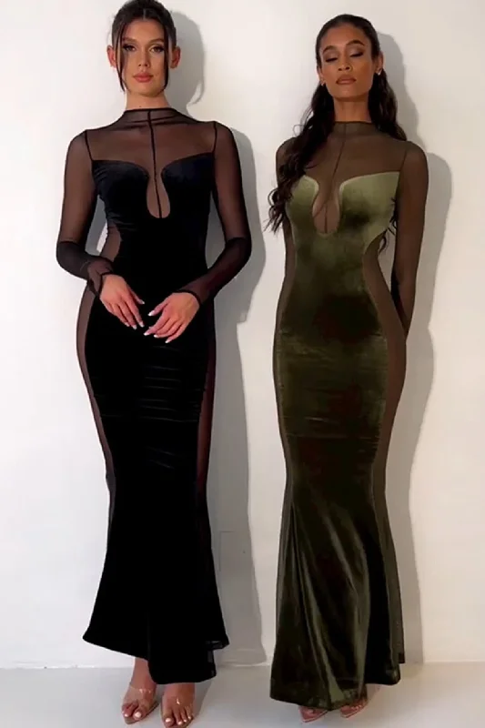 Super Price Drop Velvet Mesh Patchwork Fishtail Maxi Dress
