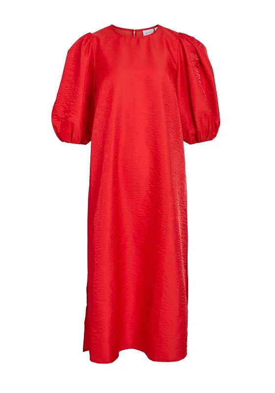 Vila Mabelle Puff Sleeve Midi Dress, Poppy Red