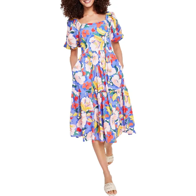 Exclusive Deals Vince Camuto Womens Floral Print Square Neck Midi Dress