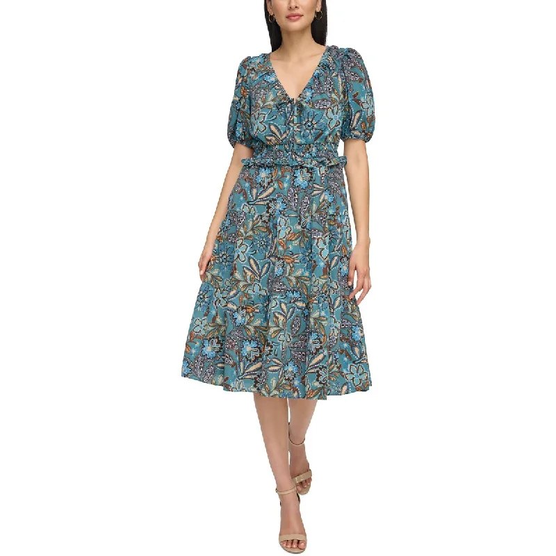 Vince Camuto Womens Printed Smocked Midi Dress