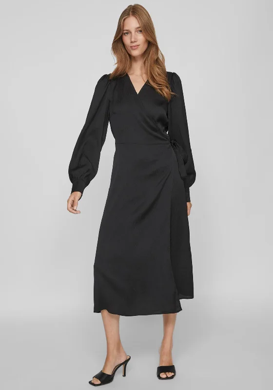 Vila Omi Satin Wrap Midi Dress, Black