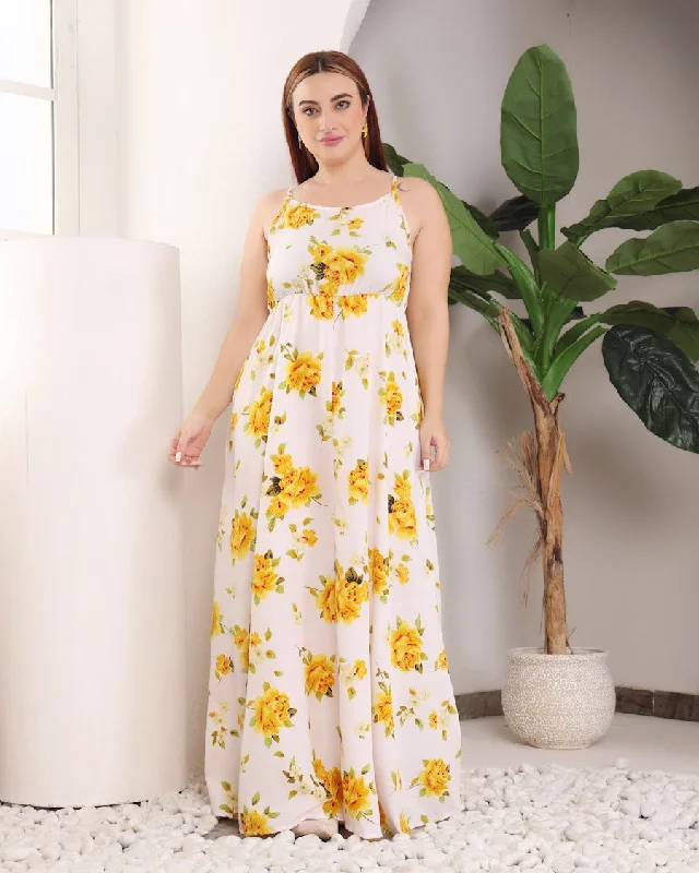 White & Yellow Floral Printed Maxi Dress