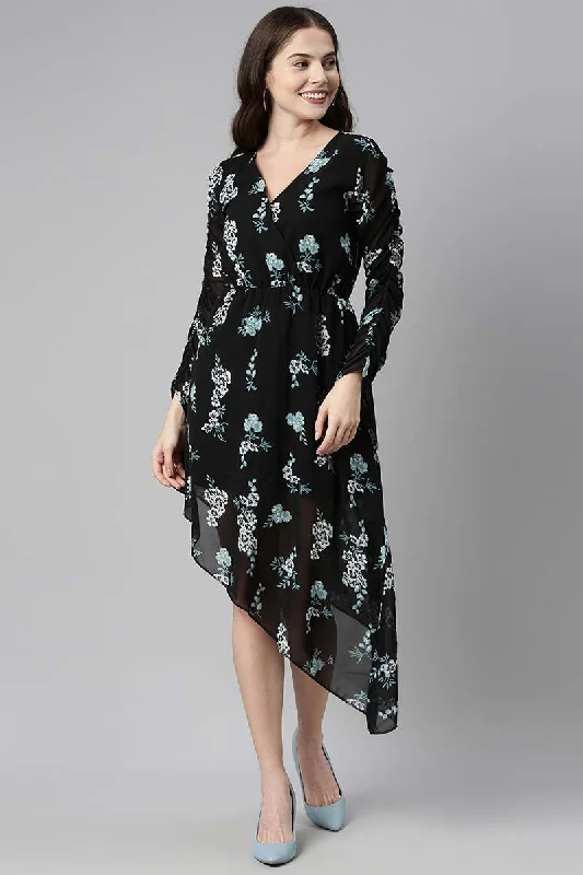 Women's Black Polyester Floral Printed Midi Dress - Rasiya