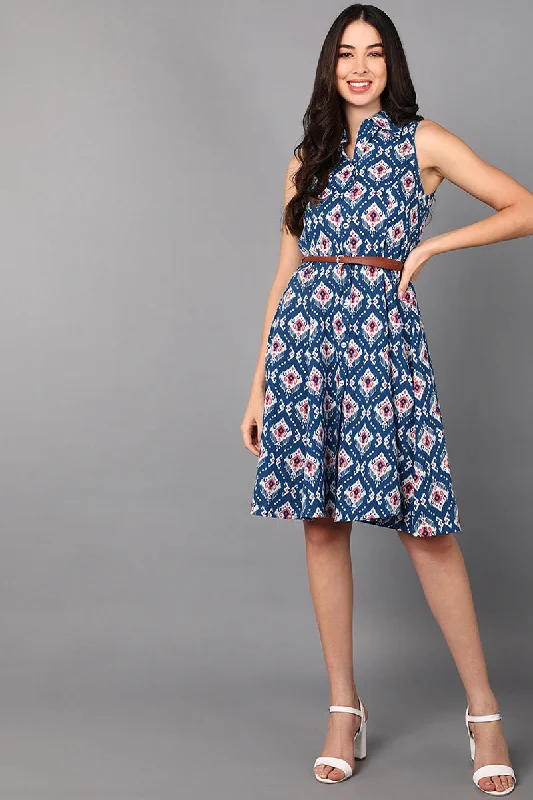 Women's Blue Cotton Abstract Print Midi Dress - Rasiya