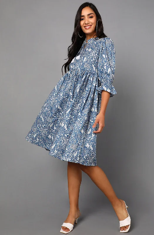 Women's Blue Cotton Floral Print Midi Dress - Rasiya