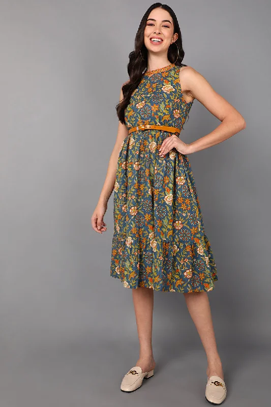 Women's Blue Cotton Floral Printed Midi Dress - Rasiya