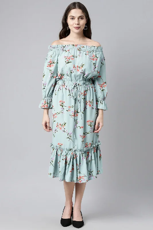 Women's Blue Crepe Floral Print Off-Shoulder Midi Dress - Rasiya