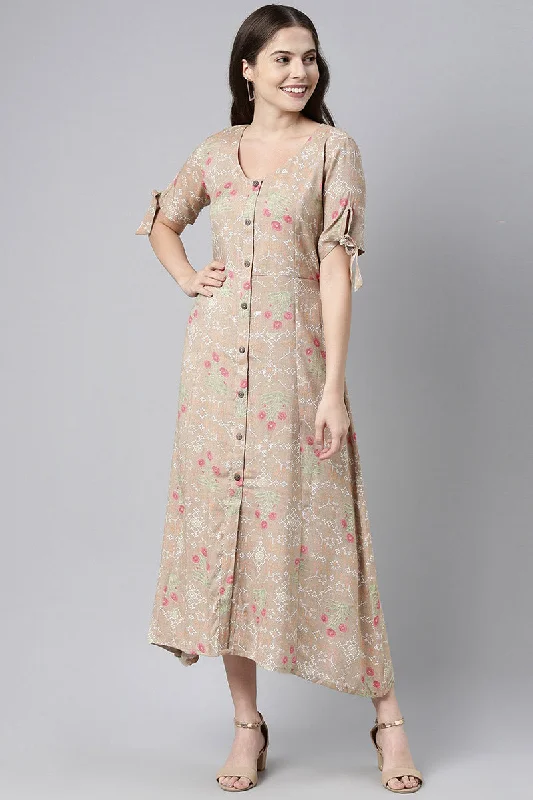 Women's Brown Pure Cotton Floral Print A-Line Midi Dress - Rasiya