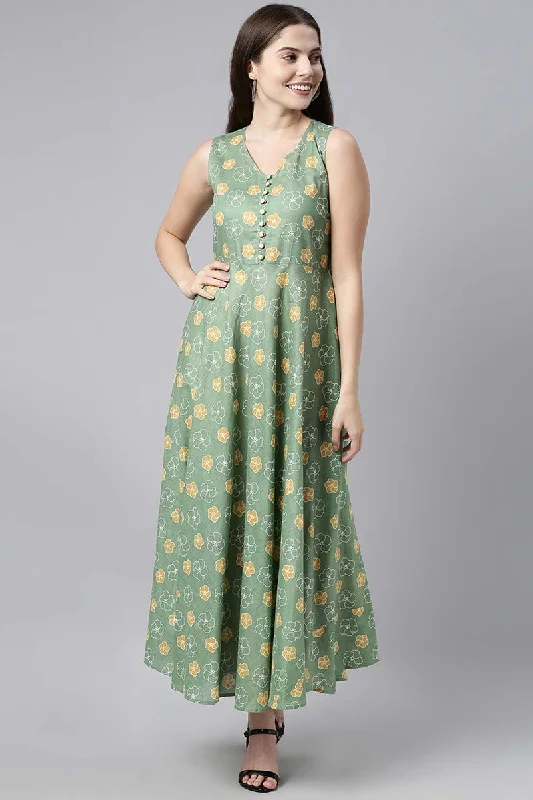 Women's Green Cotton Floral Print Maxi Dress - Rasiya