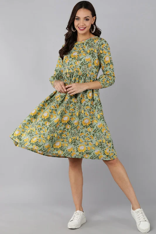 Women's Green Cotton Floral Print Midi Dress - Rasiya